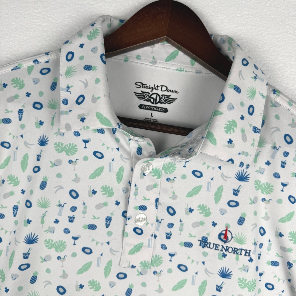 Straight Down Polo Shirt Mens L White Tiki Tropical Golf Performance True North